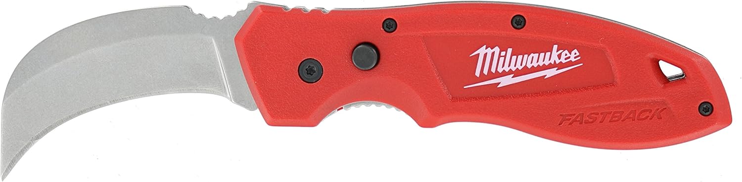 Milwaukee Fastback Folding Knife with Hawk Bill Blade and Belt Clip 1 Milwaukee 48-22-1985 Fastback Hawk Bill Folding Knife w/Belt Clip and Lanyard Hole, Metal