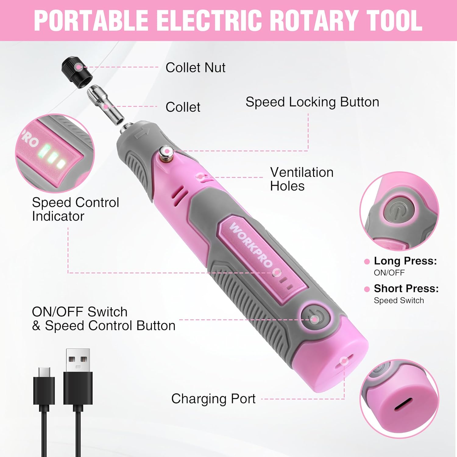 WORKPRO Cordless Rotary Tool Kit: Pink Ribbon 71pc USB Rechargeable Multi Tool 3 WORKPRO Cordless Rotary Tool Kit: Pink Ribbon 71pc USB Rechargeable Multi Tool - Image 3