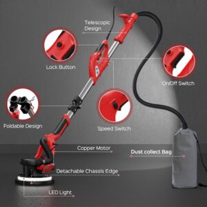 Powerful 8-Amp Drywall Sander with Vacuum Dust Collector & LED Light for Popcorn Ceiling