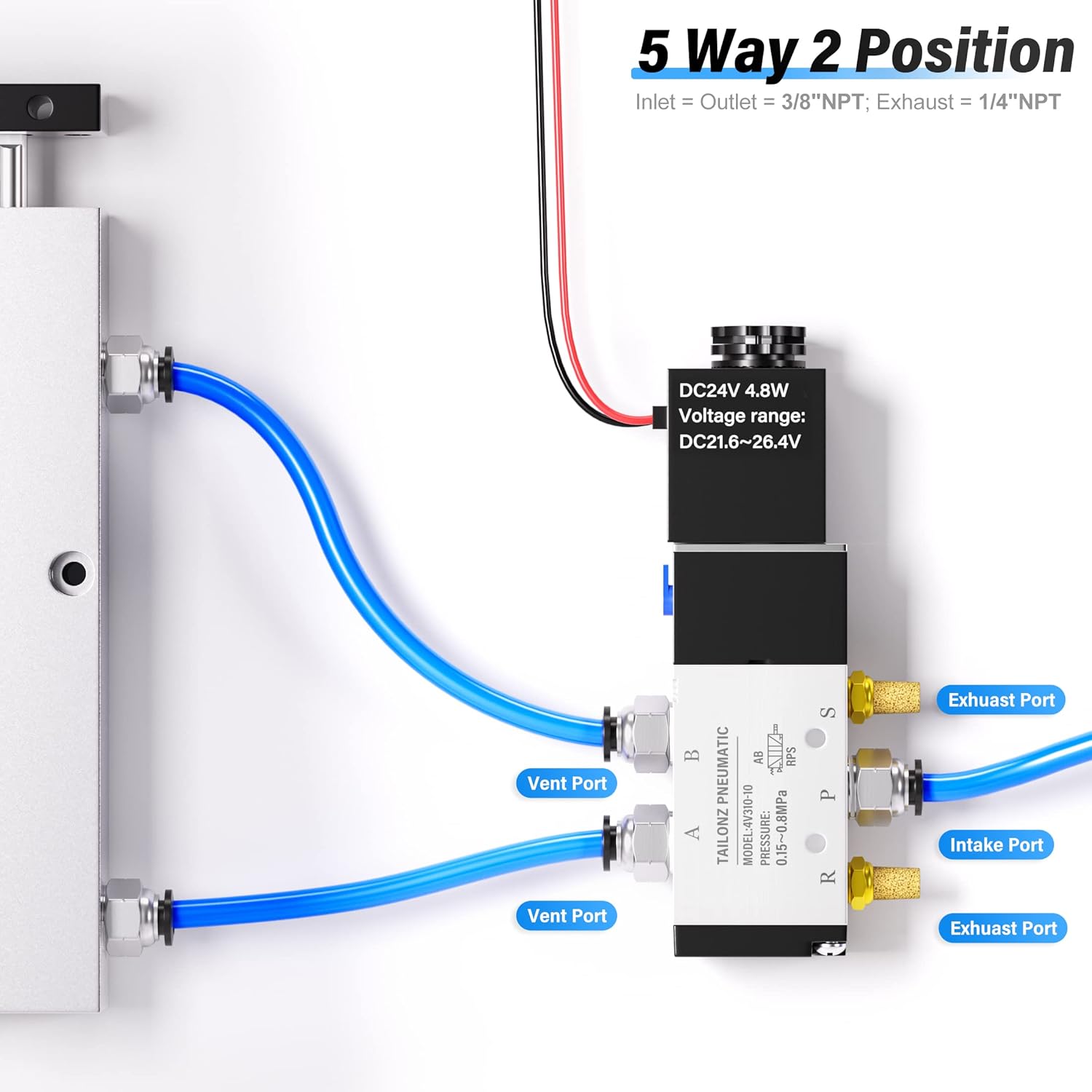 TAILONZ 3/8" NPT 24V Solenoid Valve 4V310-10 - 5-Way Electric Pneumatic Control 3 TAILONZ 3/8" NPT 24V Solenoid Valve 4V310-10 - 5-Way Electric Pneumatic Control - Image 3