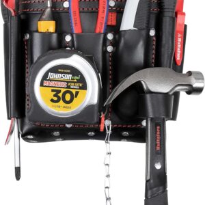 Hultafors Work Gear HT5421 Electrician's Premium Leather Tool Pouch, Molded Front Pockets, Tape Chain, Metal Tool Clip, Leather Hammer Loop