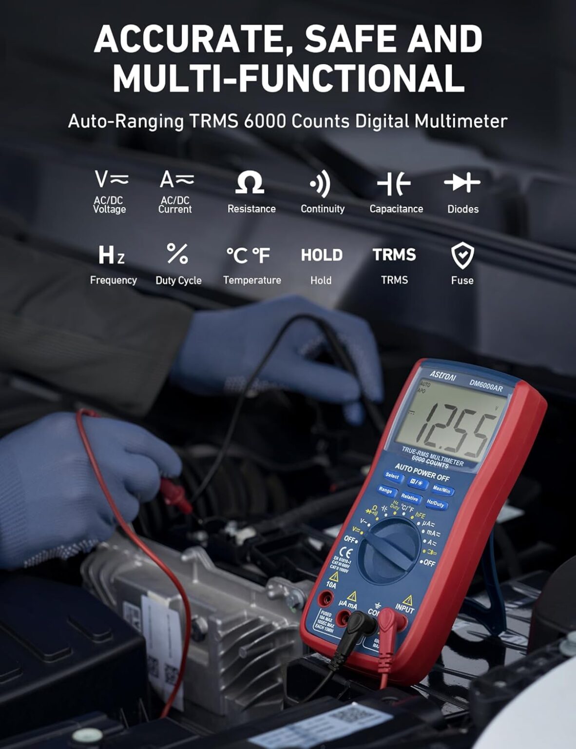 AstroAI Multimeter, digital, true RMS 6000 Counts, measures AC/DC voltage, AC/DC current, resistance, continuity, capacity, frequency, test diodes, transistors and temperature, red