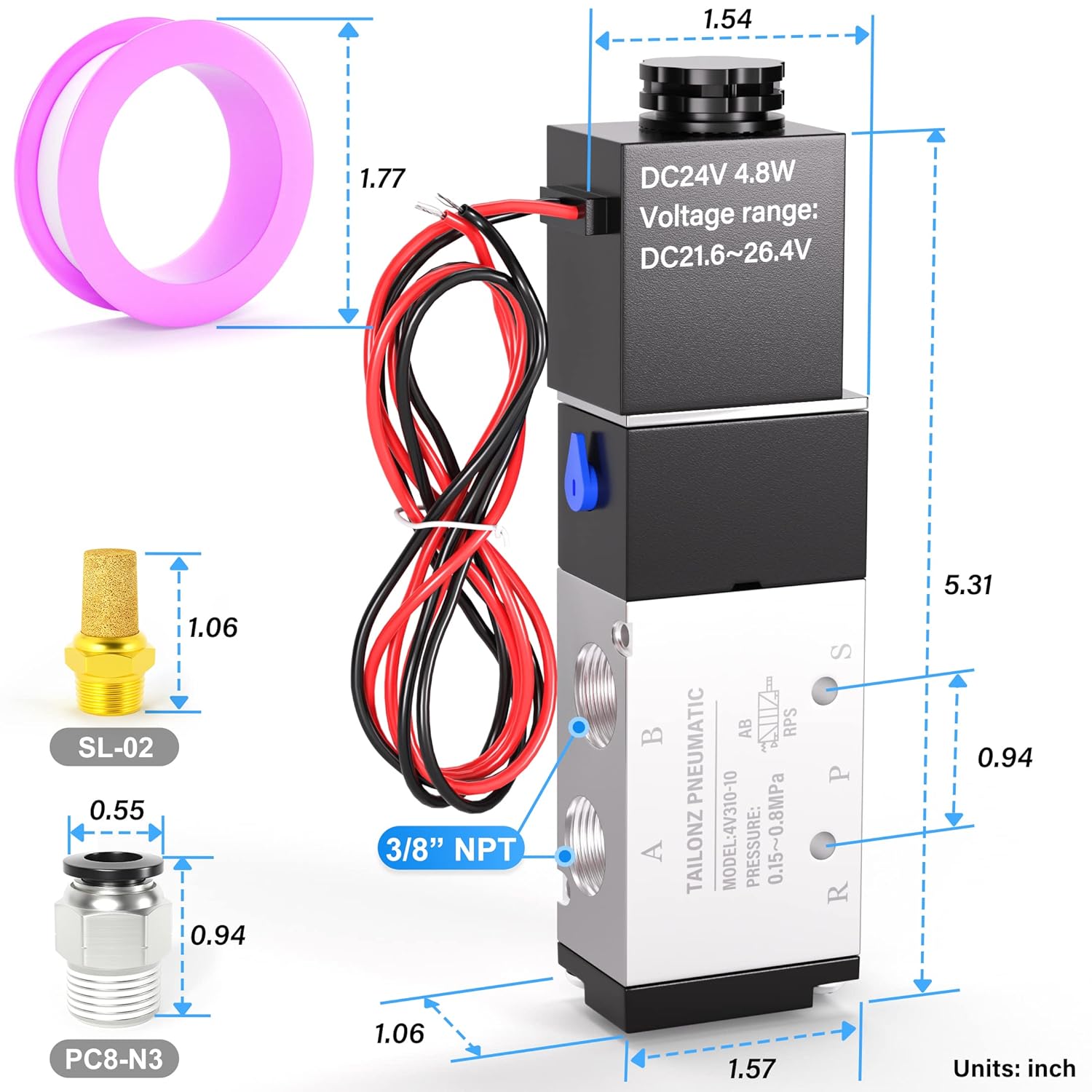 TAILONZ 3/8" NPT 24V Solenoid Valve 4V310-10 - 5-Way Electric Pneumatic Control 2 TAILONZ 3/8" NPT 24V Solenoid Valve 4V310-10 - 5-Way Electric Pneumatic Control - Image 2