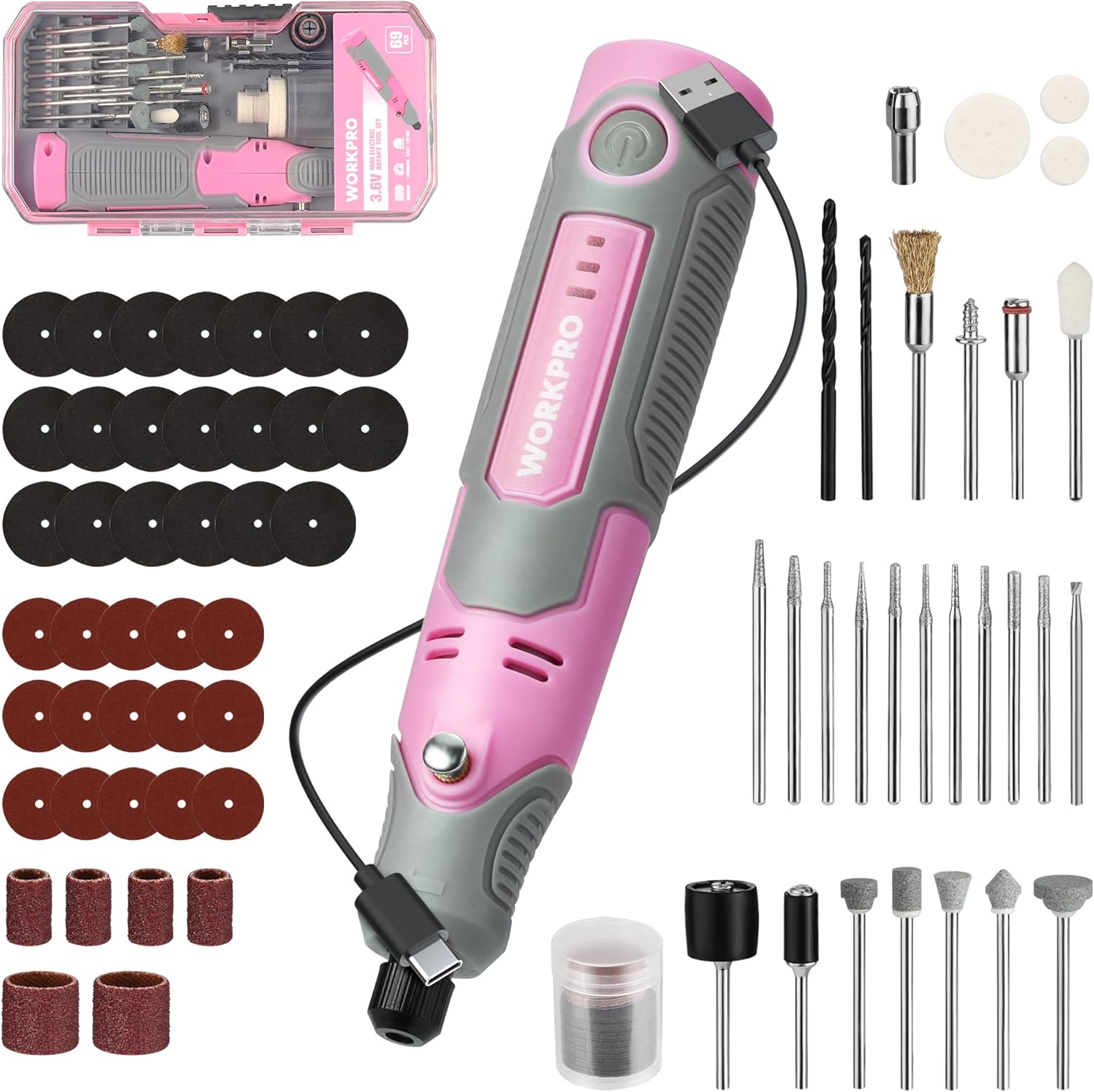WORKPRO Cordless Rotary Tool Kit: Pink Ribbon 71pc USB Rechargeable Multi Tool 1 sander tool craftsman