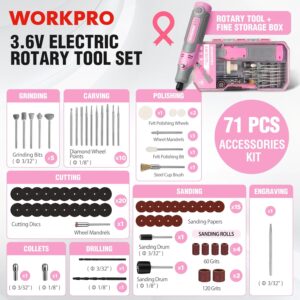 WORKPRO Cordless Rotary Tool Kit: Pink Ribbon 71pc USB Rechargeable Multi Tool