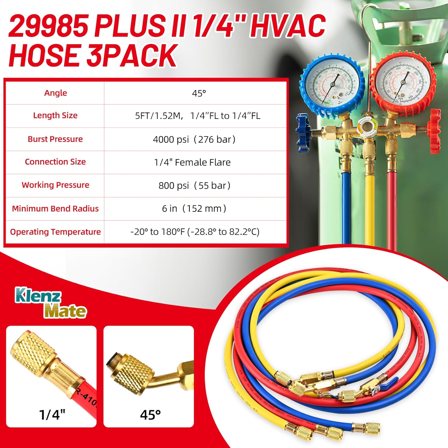Premium HVAC Charging Hoses 60" Set | 1/4" Ball Valve Refrigerant Hoses 3-Pack 4 Premium HVAC Charging Hoses 60" Set | 1/4" Ball Valve Refrigerant Hoses 3-Pack - Image 4