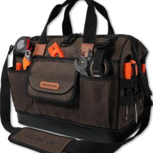 WELKINLAND 45-Pockets Waxed Canvas Tool Bag, 16-Inch Heavy-Duty electrician tools bag, Hard-Bottom HVAC tools bags, Large-Open technician tool bags, Electrical tool bag, Maintenance tool bag