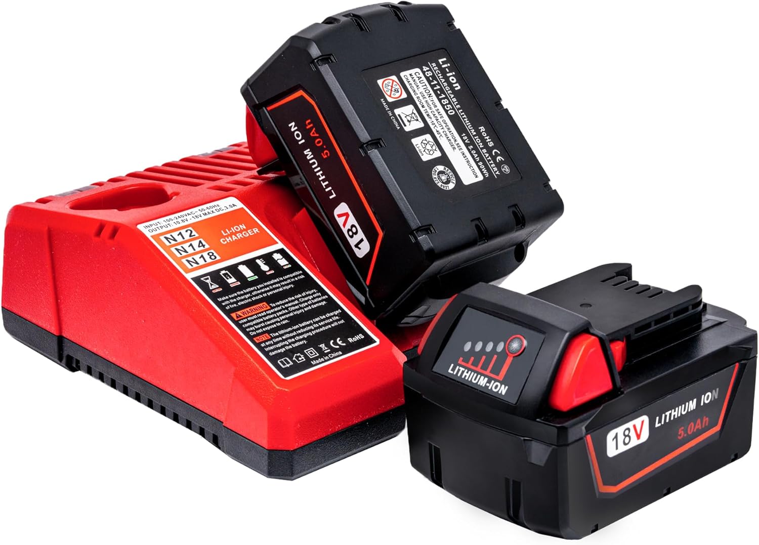 Milwaukee M18 5.0Ah Replacement Battery 2-Pack with Charger | High-Performance Lithium-Ion 1 2 Pack Replace Battery for Milwaukee M18 Battery 5.0ah and Charger Combo,Compatible with Milwaukee M18 Cordless Power Tools 18V Lithium Battery 48-11-1850 48-11-1840 48-11-1860