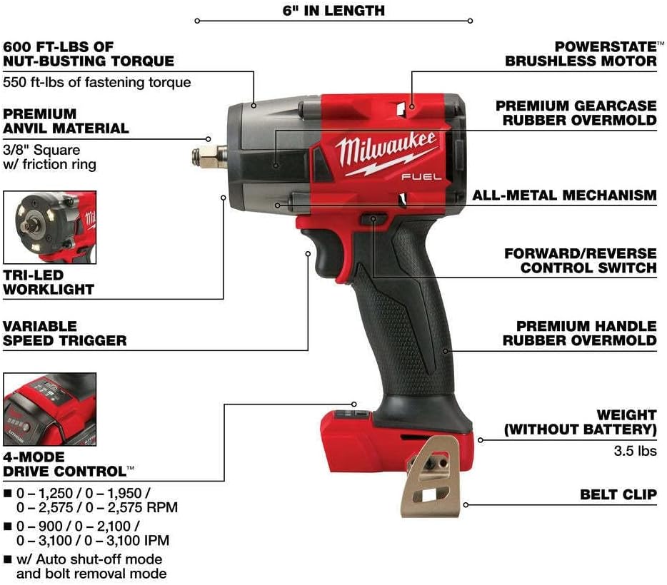 Milwaukee M18 Brushless Cordless Impact Wrench 3/8" Mid-Torque Compact Tool 3 Milwaukee M18 Brushless Cordless Impact Wrench 3/8" Mid-Torque Compact Tool - Image 3