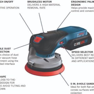 BOSCH 18V 5″ Cordless Orbit Sander Kit with CORE18V 4Ah Battery