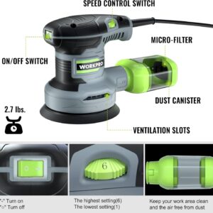 WORKPRO 5″ Random Orbit Sander | 6 Speeds 7000-14000 RPM | Wood Polishing Tool