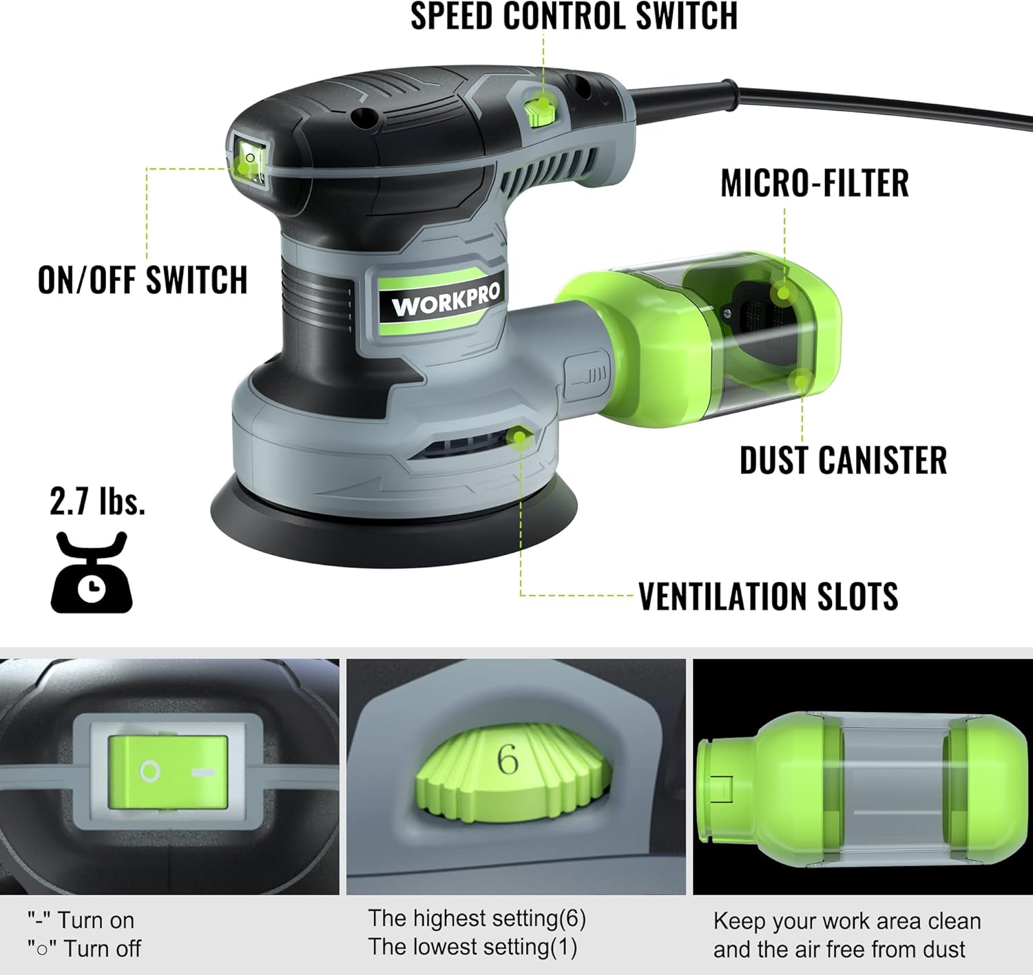 WORKPRO 5" Random Orbit Sander | 6 Speeds 7000-14000 RPM | Wood Polishing Tool 2 WORKPRO 5" Random Orbit Sander | 6 Speeds 7000-14000 RPM | Wood Polishing Tool - Image 2