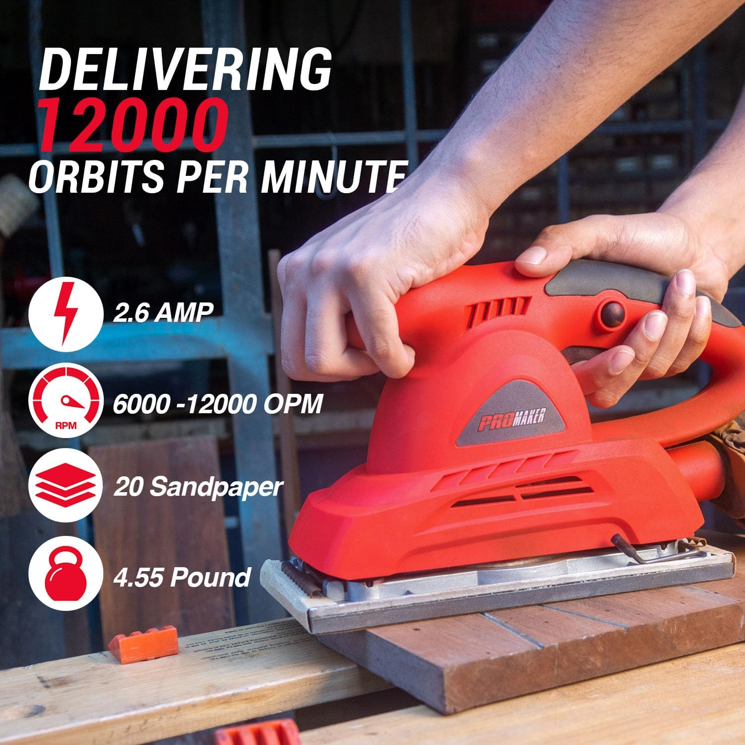 PROMAKER 2.5A Corded Palm Sander, 6-Speed Woodworking Tool w/ Sandpaper 1 sander tool opm 12000