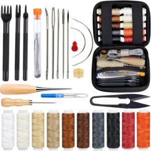 PLANTIONAL Leather Stitching Sewing Kit: 31PCS Leather Sewing Kit with 4mm Lacing Stitching Chisel, Leather Sewing Tools, Waxed Thread and Large-Eye Stitching Needles for Crafting Projects