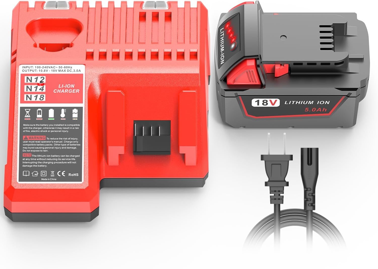 Milwaukee M18 5.0Ah Extended Battery Replacement High Capacity Lithium Ion Cordless Tool Power Pack 1 5.0Ah 18V Extended Capacity Battery Replacement for Milwaukee M18 Battery and Charger Kit, Compatible with M18 Milwaukee Cordless Power Tools