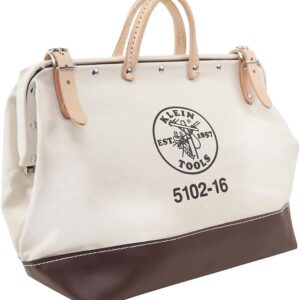 Klein Tools 5102-16 Heavy Duty Natural Canvas Tool Bag, Tool Tote, Multi-Purpose Bag with Wide Hinged Opening and Leather Handles, 16-Inch