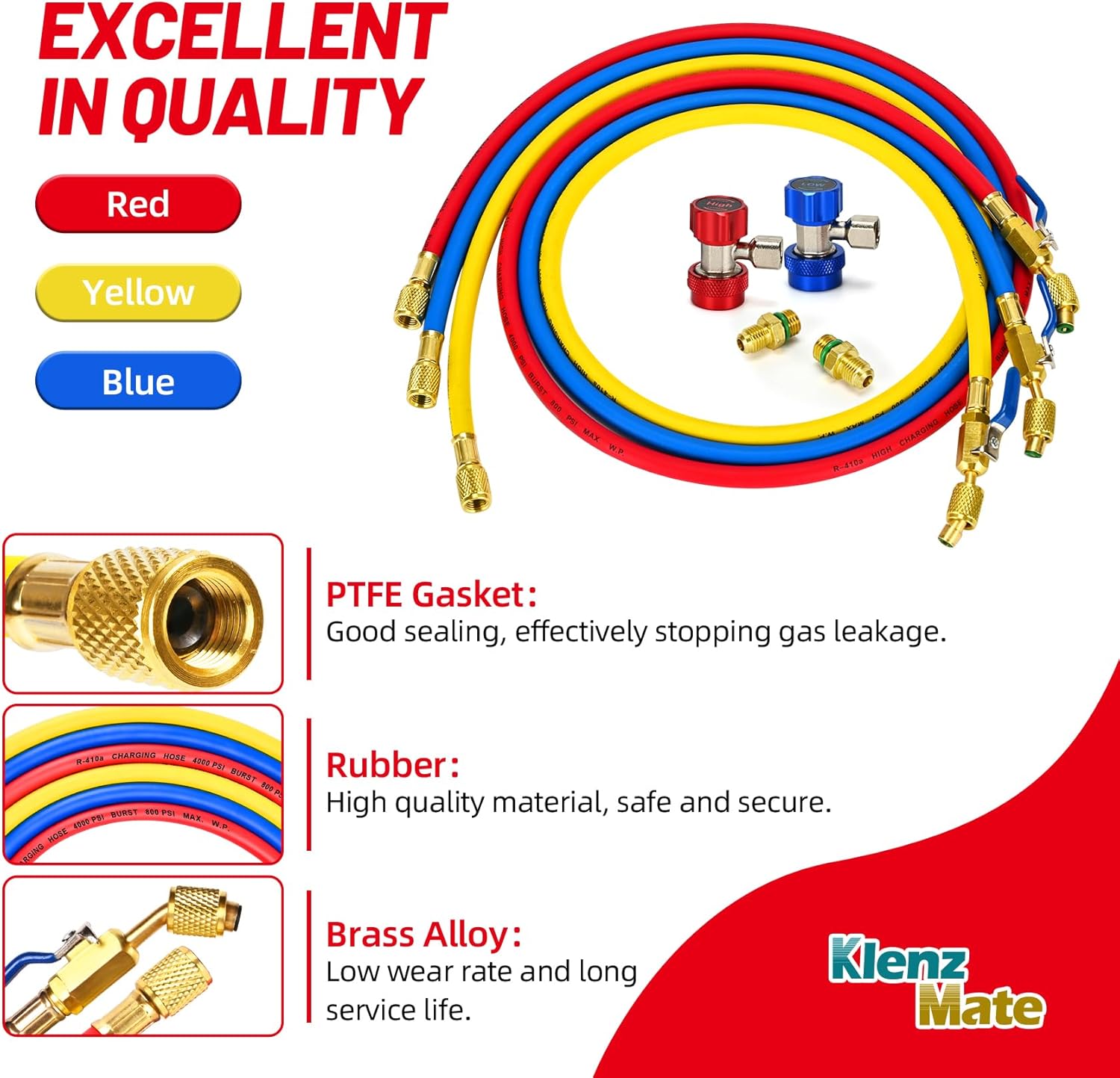 HVAC Refrigerant Charging Hose Set 48" 1/4" Quick Connect Coupler 800 PSI 4 HVAC Refrigerant Charging Hose Set 48" 1/4" Quick Connect Coupler 800 PSI - Image 4