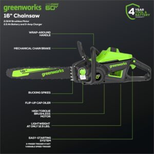 Greenworks Pro 60V 16″ Brushless Cordless Chainsaw with Battery and Charger