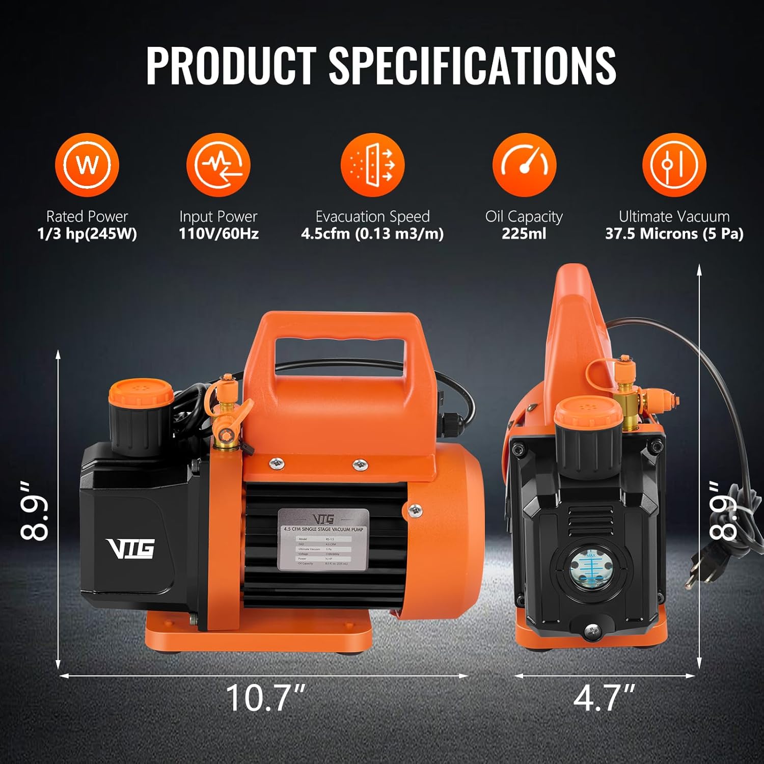 Premium 4.5 CFM AC Vacuum Pump & Gauge Kit for HVAC/Auto R134a R410a 2 Premium 4.5 CFM AC Vacuum Pump & Gauge Kit for HVAC/Auto R134a R410a - Image 2