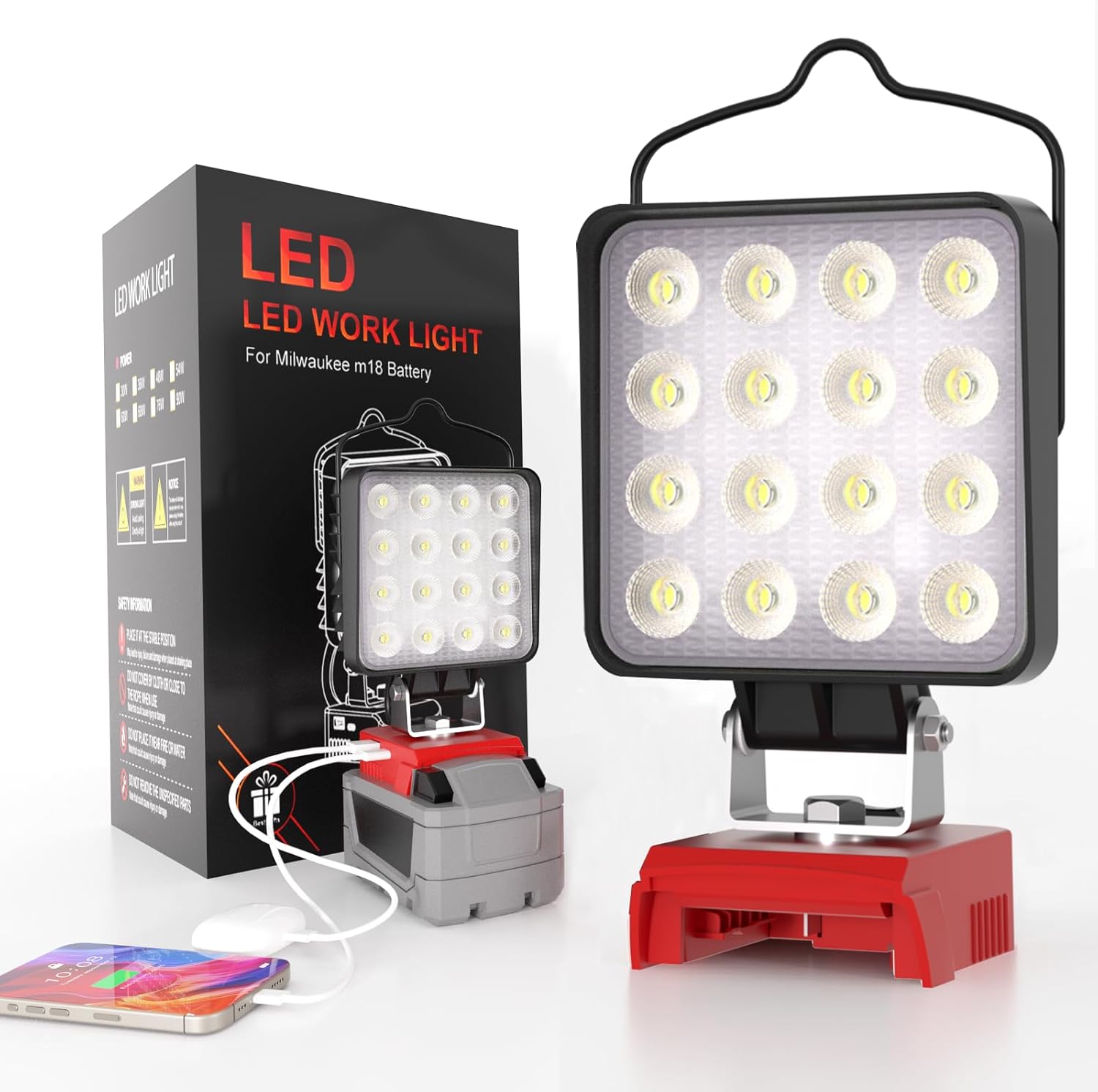 Milwaukee M18 Cordless LED Work Light 76W 10000LM Waterproof Portable Jobsite Lamp 1 76W 10000LM LED Work Light for Milwaukee M18 18V Battery, Upgraded Cordless LED Work Light with USB and Type-C Charging Port, Low Voltage Protection, Outdoor Lighting (Battery Not Included)