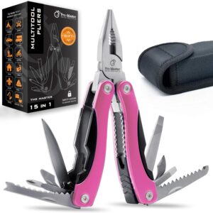 Pink Multitool 15-in-1 for Mom, Wife, Daughter, Grandma, Practical EDC Multi Tool Pliers, Pocket Knife with Safety-Locking, Great for Hiking, Camping, Simple Repairs, Car Glove Box