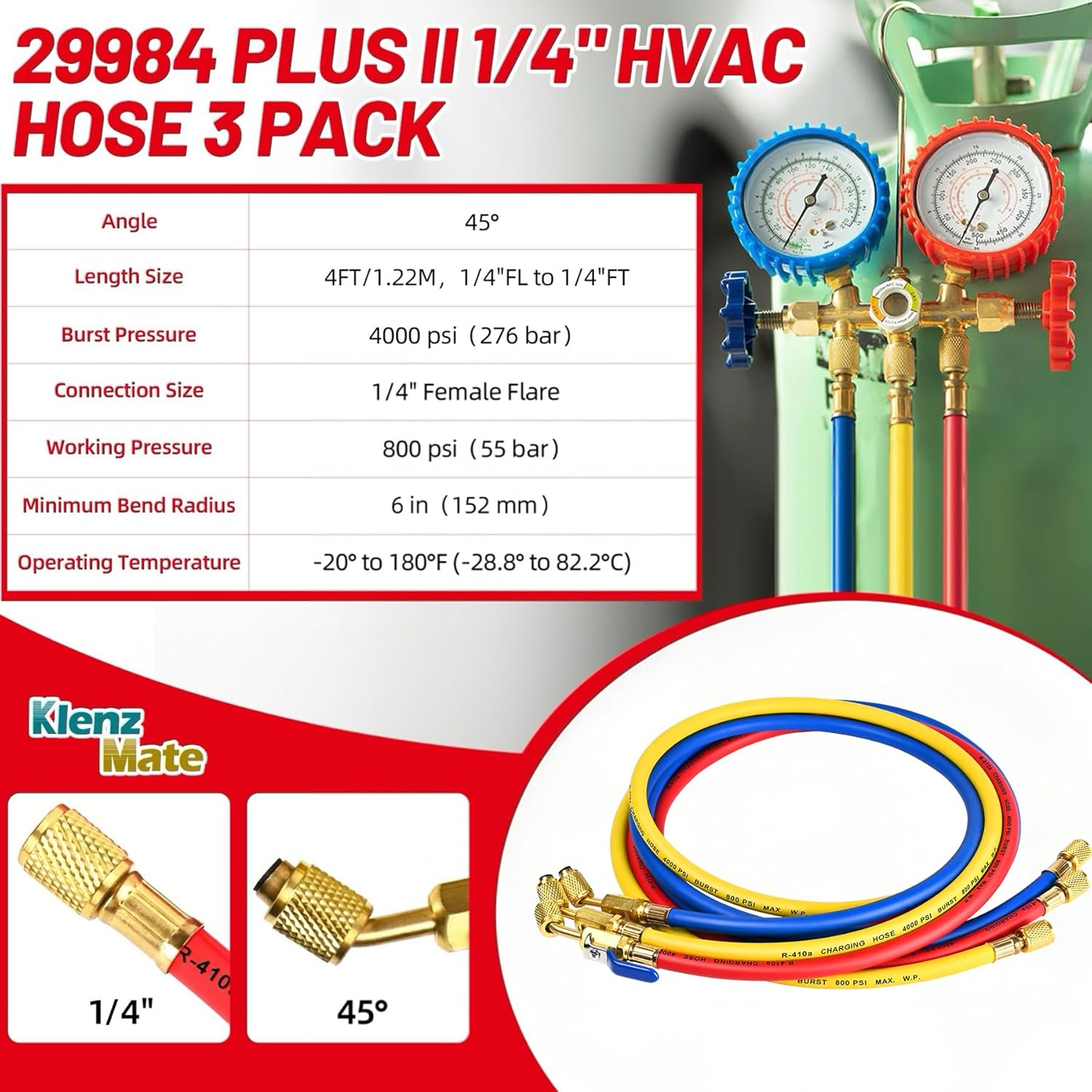 HVAC Refrigerant Charging Hose Set 48" 1/4" Quick Connect Coupler 800 PSI 3 HVAC Refrigerant Charging Hose Set 48" 1/4" Quick Connect Coupler 800 PSI - Image 3