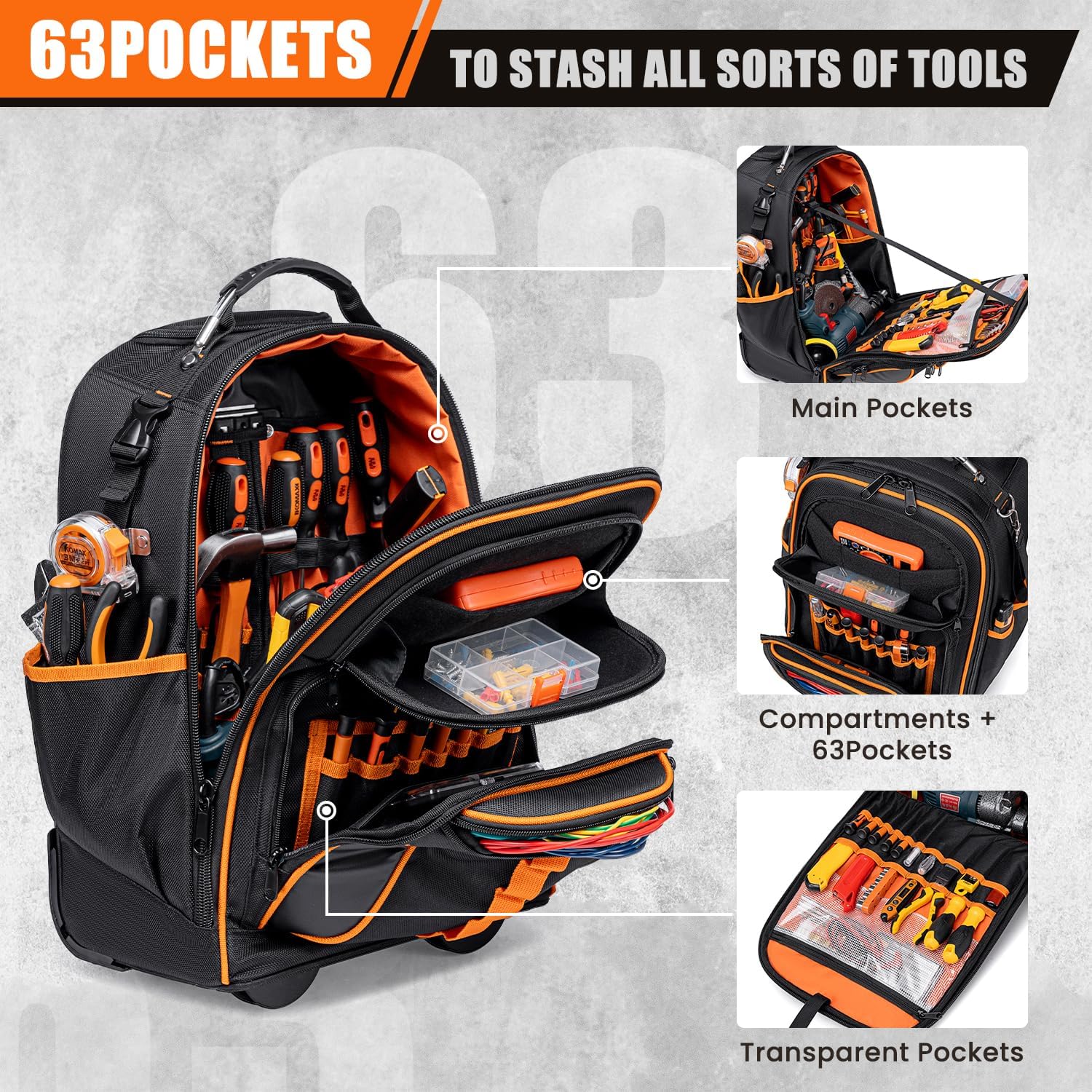 Ultimate Heavy Duty Rolling Tool Backpack | 63 Pockets | HVAC Electrician Gear 3 Ultimate Heavy Duty Rolling Tool Backpack | 63 Pockets | HVAC Electrician Gear - Image 3