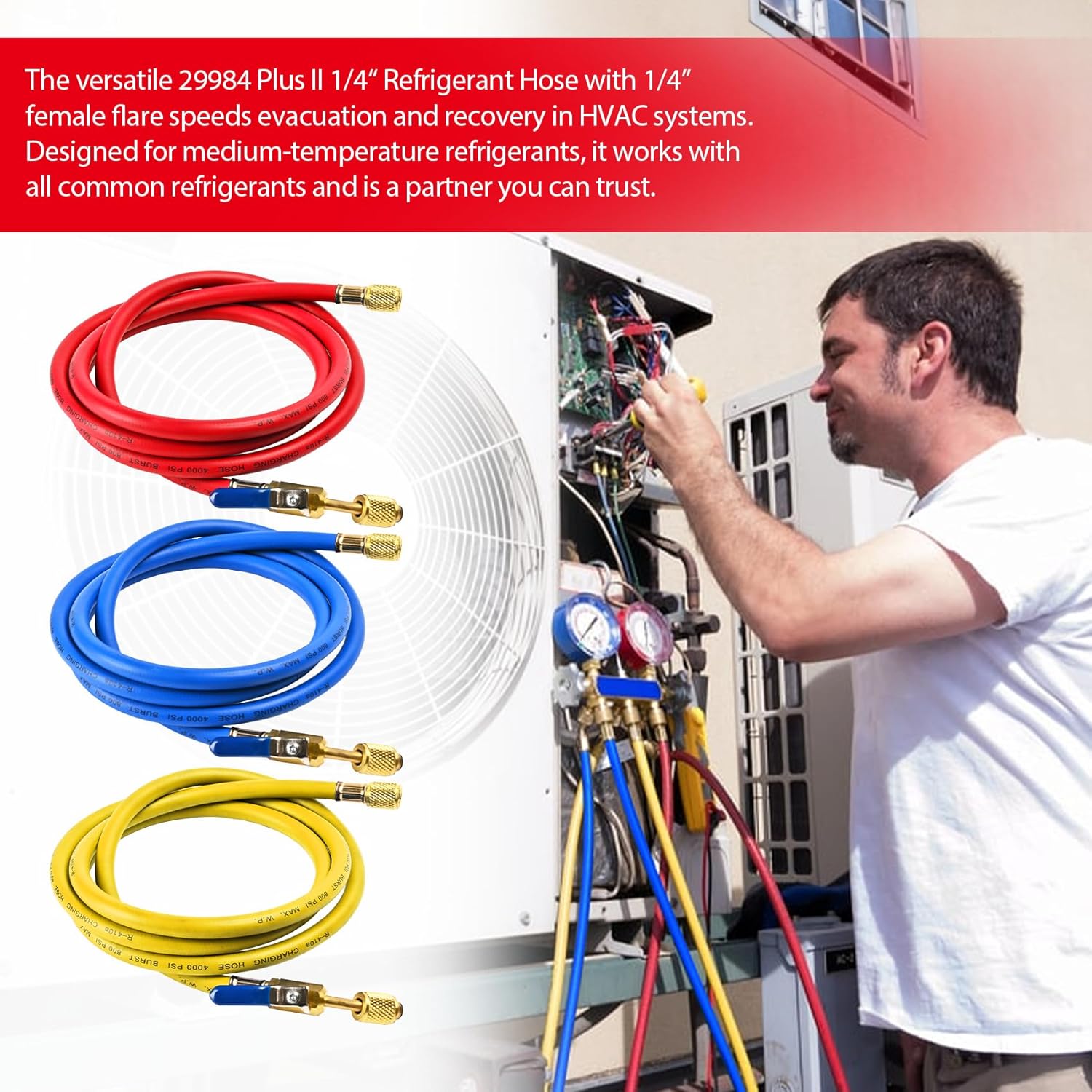 HVAC Refrigerant Charging Hose Set 48" 1/4" Quick Connect Coupler 800 PSI 6 HVAC Refrigerant Charging Hose Set 48" 1/4" Quick Connect Coupler 800 PSI - Image 6