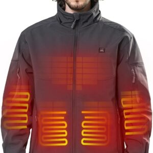 DEWBU Soft Shell Heated Jacket for Men with 12V Battery Pack and Detachable Hood Outdoor Electric Heating Coat