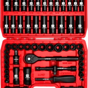 LLNDEI 3/8”Drive Impact Socket Set,Standard SAE(5/16 to 3/4-Inch) Metric Size(8-22mm), 95 Piece, CR-V Steel Deep&Shallow Kit, Adapters, Ratchet Handle, Screwdriver Bit Set, Spark Plug Socket, 6 Point