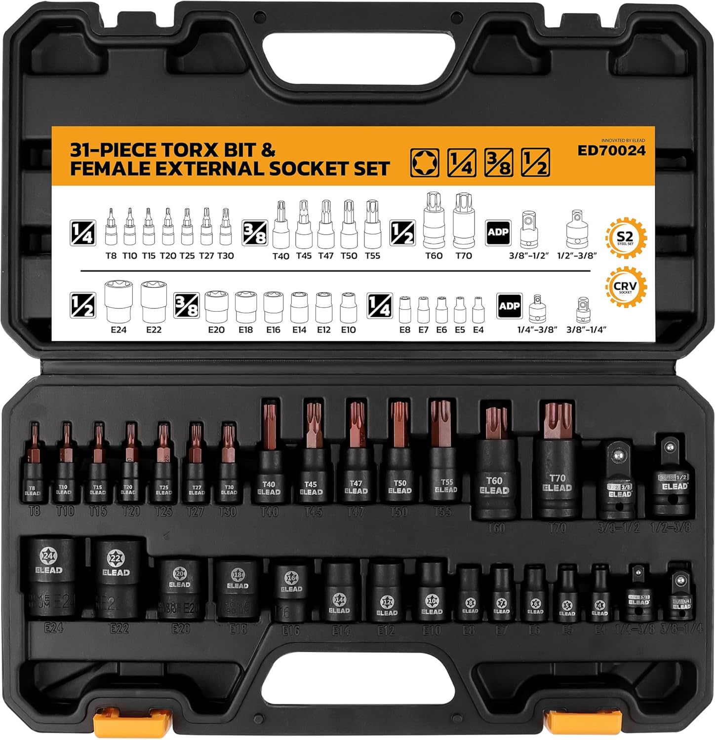 Professional Torx Bit Socket Set 31-PC | Complete T8-T70 & E4-E24 Mechanic Tool 1 31-Piece Torx Bit Socket Set: Premium CR-V & S2 Alloy Steel, Star T8-T70 & E-Torx E4-E24, High Torque Laser Marked for Automotive Mechanic