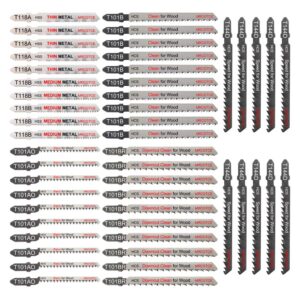 50 Piece Contractor Jigsaw Blades Set with Storage Case, Assorted T-Shank Jig Saw Blades for Wood, Plastic and Metal Cutting(T118A,T118B,T101AO,T101B,T101BR,T144D)