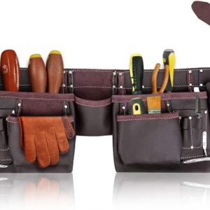 Leather Tool Belt Pouch Bag, Comfort Back Support Tool Pouches with Suspenders for Construction,Framers,Carpenter,Handyman (Black, Extra Large)30" waist size up to 56" (12 POCKET BROWN)