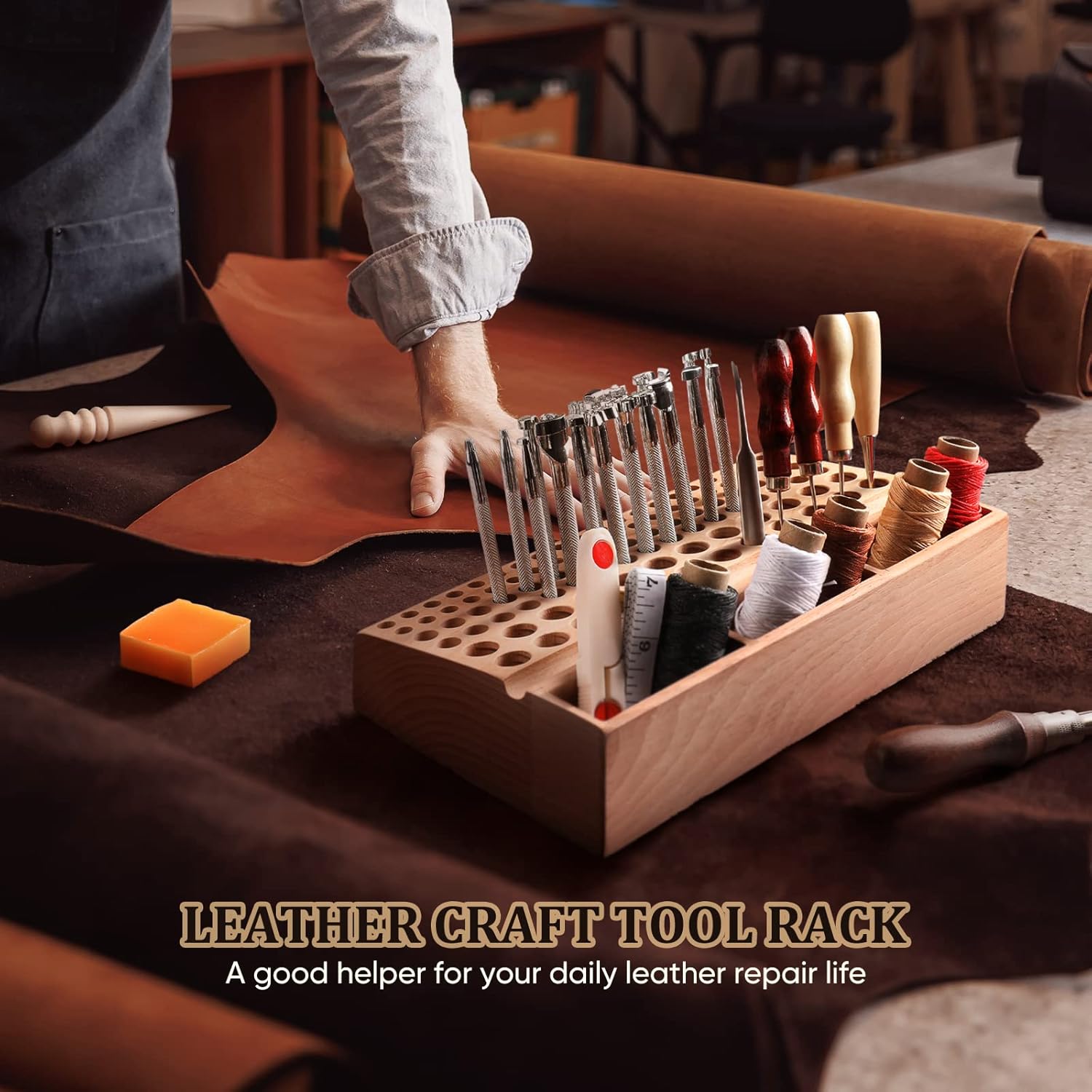 Leather Craft Organizer: Wooden Tool Holder Rack with 98 Storage Holes 2 Leather Craft Organizer: Wooden Tool Holder Rack with 98 Storage Holes - Image 2