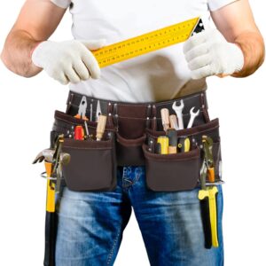 Premium Leather Tool Belt w/ Suspenders – 12 Pocket Construction Pouch