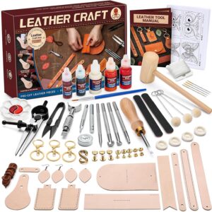 Leather Crafting Kit: Leather Working Tools and Supplies for DIY Craft Beginners Stamping Dyeing Carving Sewing Edge Sealing with Video Tutorials for Earrings Wallet Keychain Wristband Bookmark