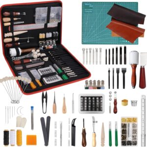 386 pcs Advanced Leather Sewing Tools and Supplies with Carrying Organizer Cutting Mat Stamping Tools Needles Snaps and Rivets Kit Perfect for Stitching Punching Cutting Sewing Leather Craft Making