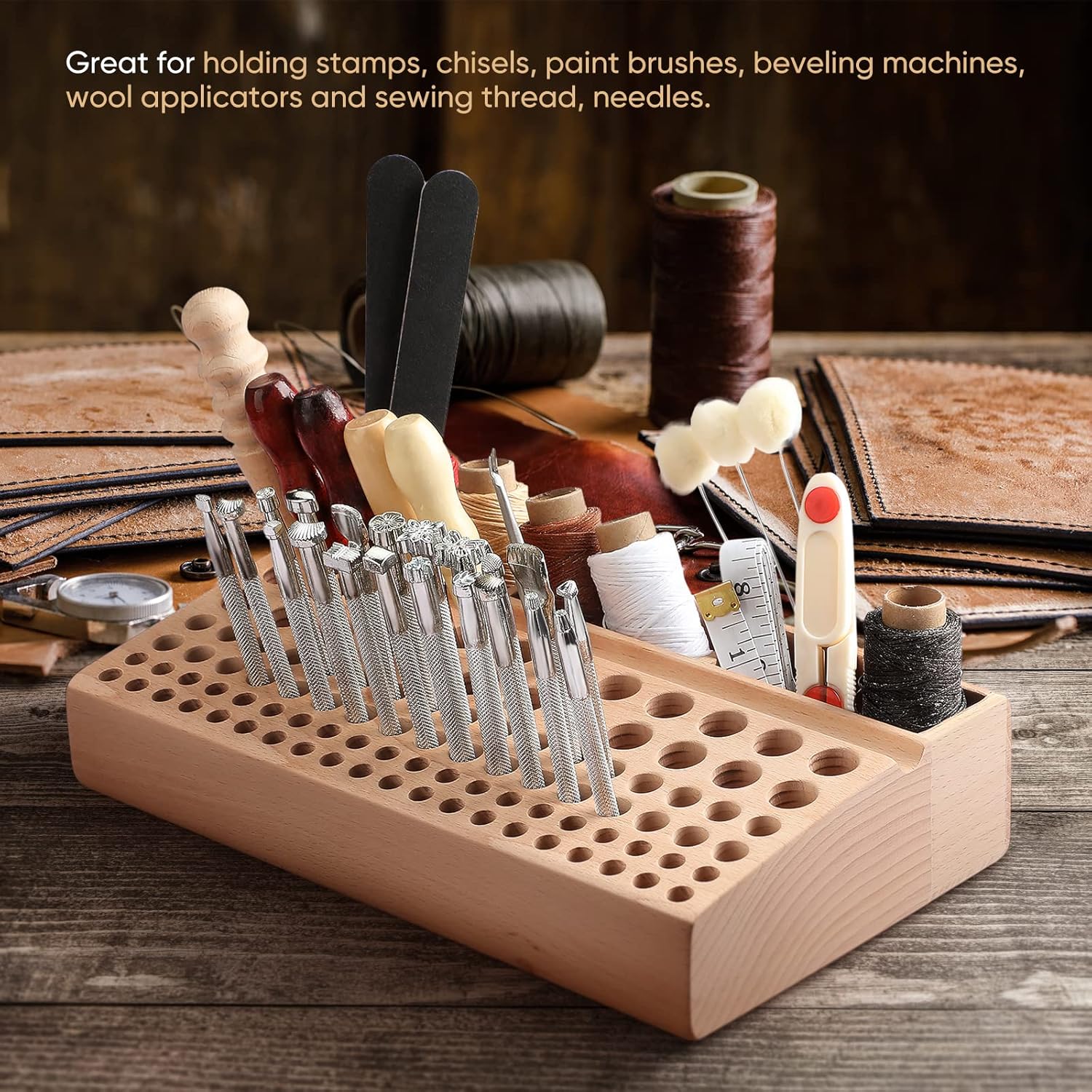 Leather Craft Organizer: Wooden Tool Holder Rack with 98 Storage Holes 7 Leather Craft Organizer: Wooden Tool Holder Rack with 98 Storage Holes - Image 7