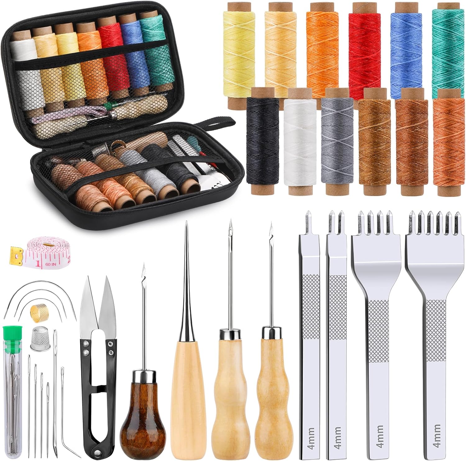Professional 56Pcs Leather Craft Kit - Complete Stitching Tools for DIY 1 MORFEN 56Pcs Leather Stitching Punch Kit, Sewing Kit with 4mm Prong Sewing Hole Punch Waxed Thread Hand Sewing Stitching Needles Leatherworking Tools for Beginners DIY Leather Crafting