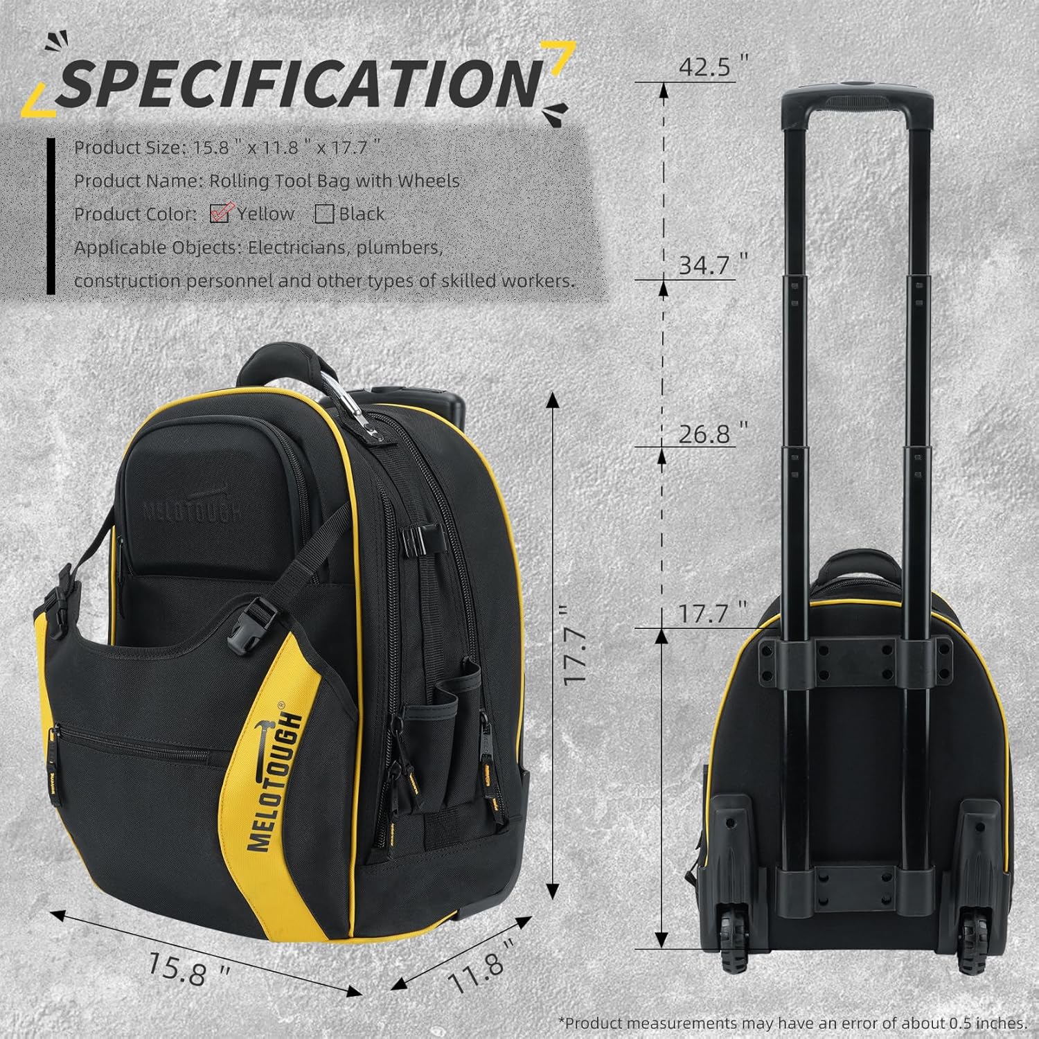 Heavy Duty Wheeled Tool Bag: 35 Pockets, Telescopic Handle, Yellow Professional Grade 6 Heavy Duty Wheeled Tool Bag: 35 Pockets, Telescopic Handle, Yellow Professional Grade - Image 6