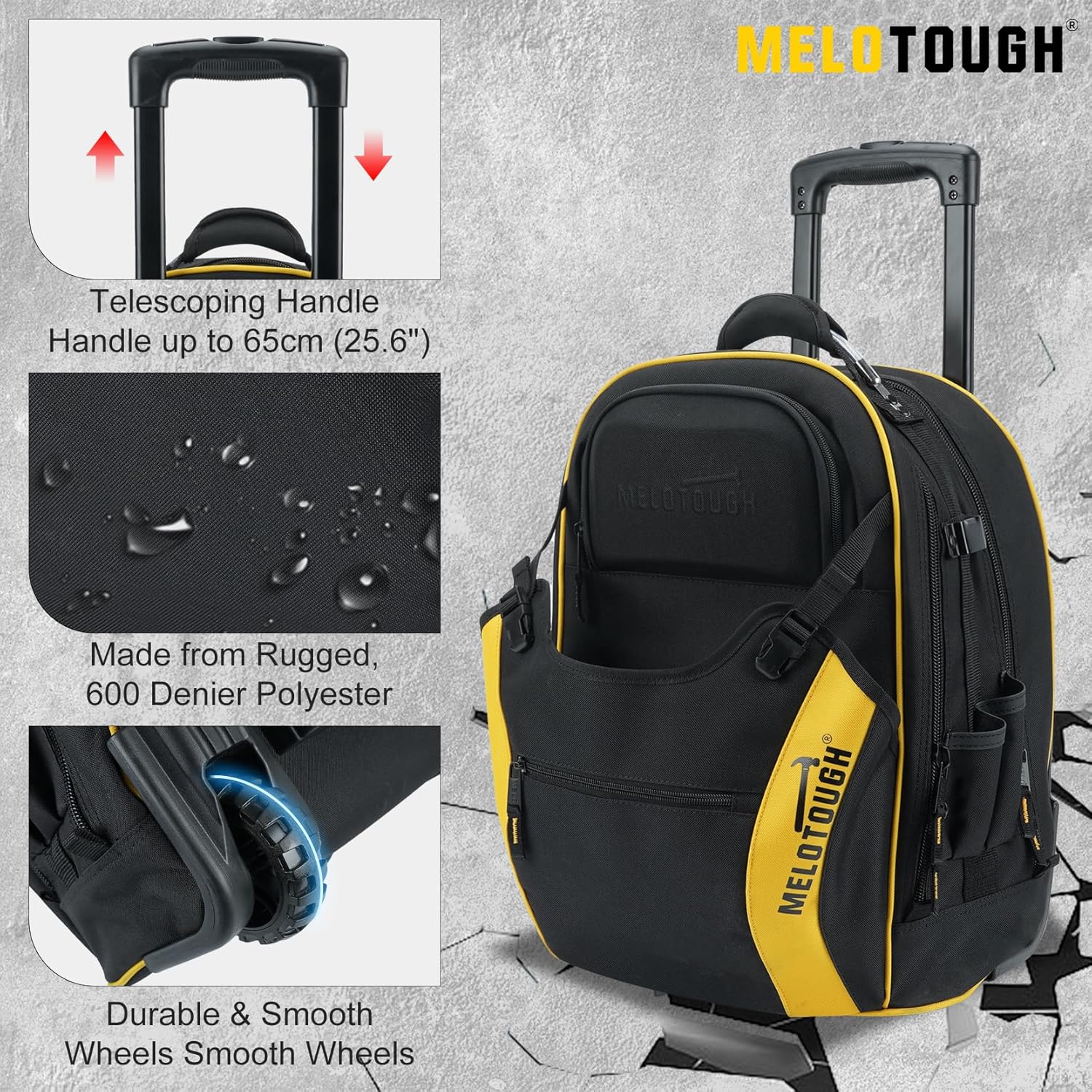 Heavy Duty Wheeled Tool Bag: 35 Pockets, Telescopic Handle, Yellow Professional Grade 7 Heavy Duty Wheeled Tool Bag: 35 Pockets, Telescopic Handle, Yellow Professional Grade - Image 7