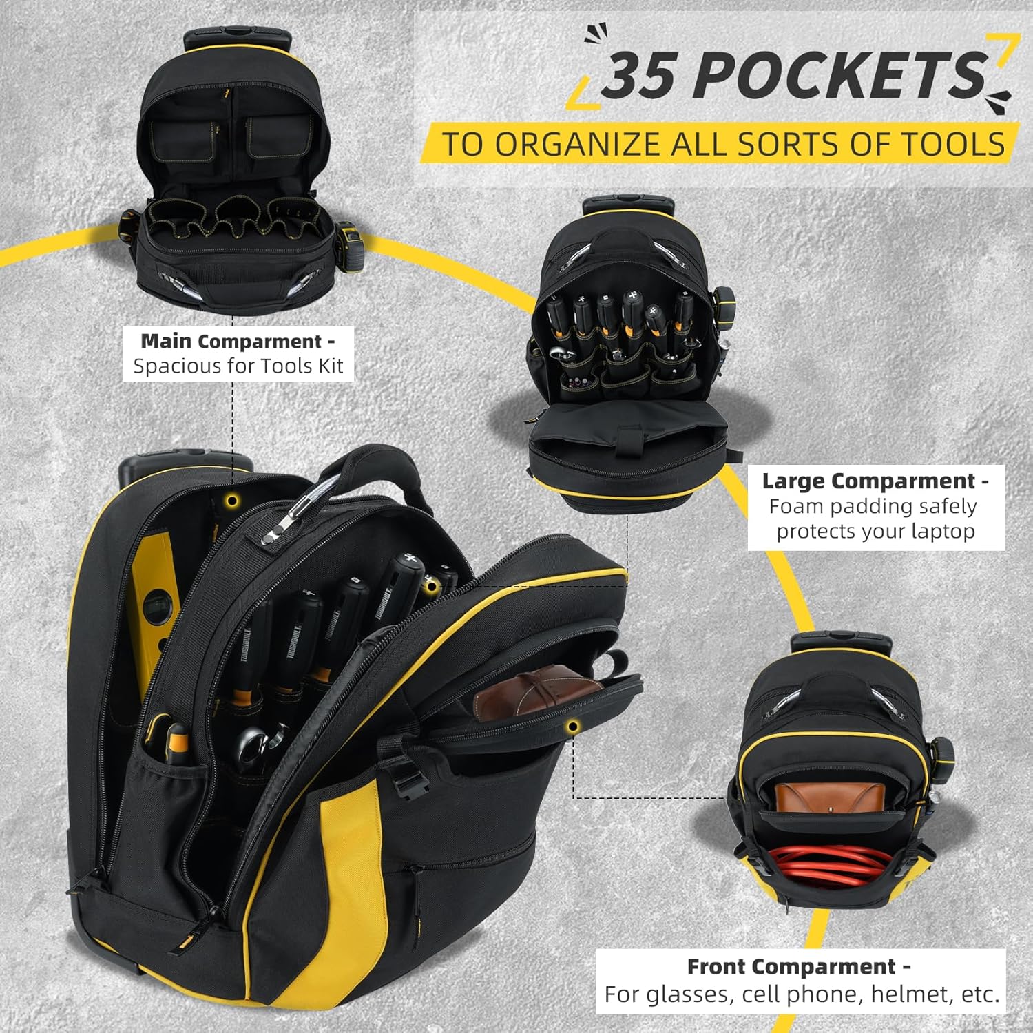 Heavy Duty Wheeled Tool Bag: 35 Pockets, Telescopic Handle, Yellow Professional Grade 3 Heavy Duty Wheeled Tool Bag: 35 Pockets, Telescopic Handle, Yellow Professional Grade - Image 3