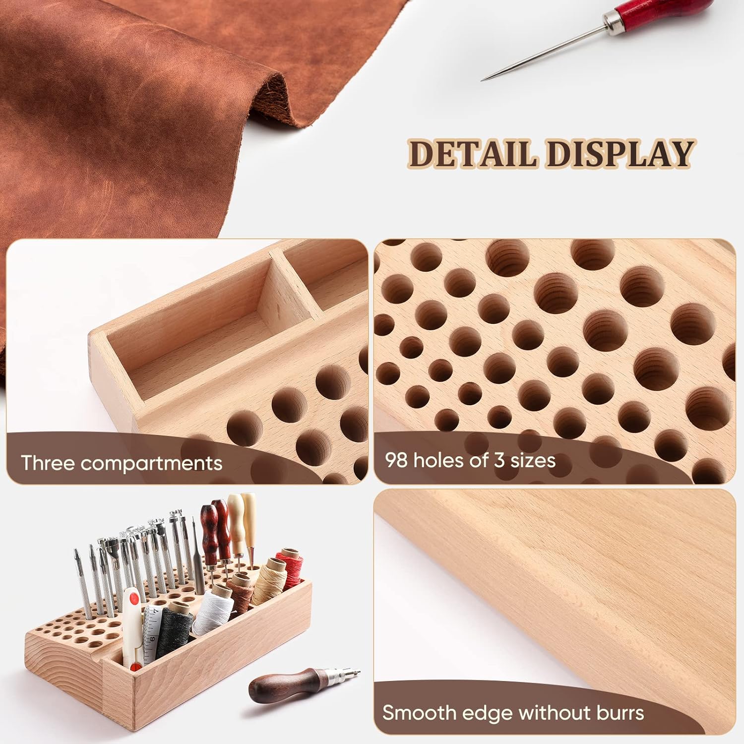 Leather Craft Organizer: Wooden Tool Holder Rack with 98 Storage Holes 5 Leather Craft Organizer: Wooden Tool Holder Rack with 98 Storage Holes - Image 5
