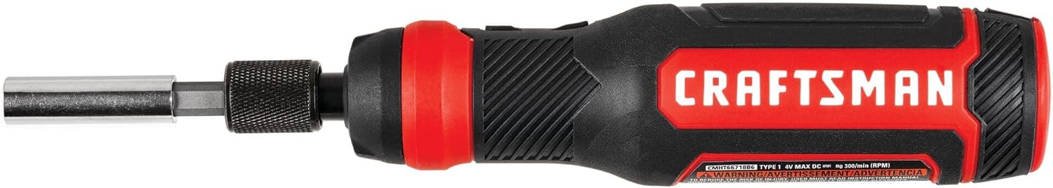 Craftsman 4V Cordless Electric Screwdriver Kit w/ LED Battery Indicator 1 CRAFTSMAN 4V Electric Screwdriver Set, 300 RPM, Micro-USB Charging Port, 3-Stage Battery Charge Indicator (CMHT66718B20)