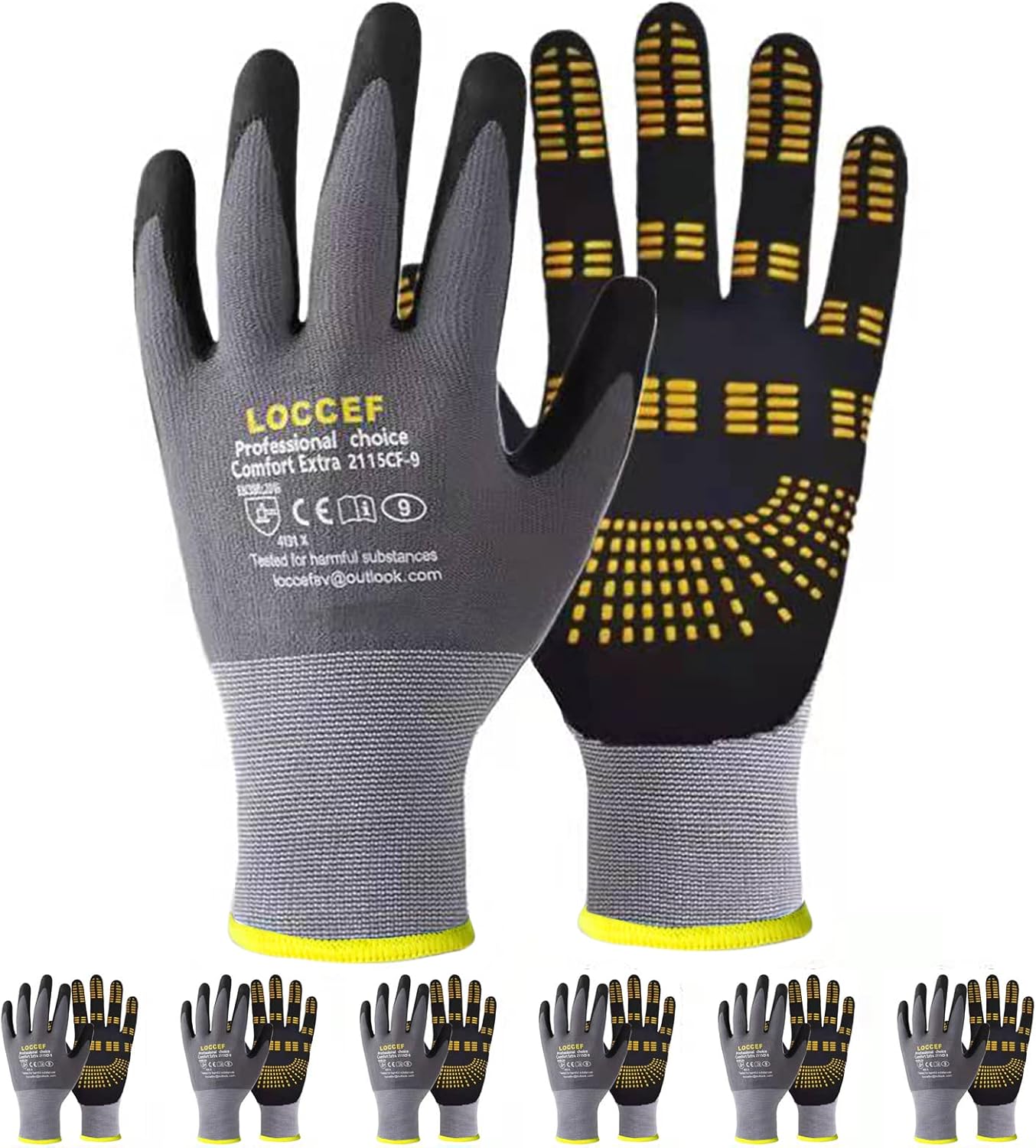 Durable Work Gloves: MicroFoam Nitrile Coated Nylon Grip Gloves (6 Pairs) 1 LOCCEF Safety Work Gloves MicroFoam Nitrile Coated-6 Pairs,Endurance Seamless Knit Nylon,Dots on palm,Tacky Dot Grip Gloves