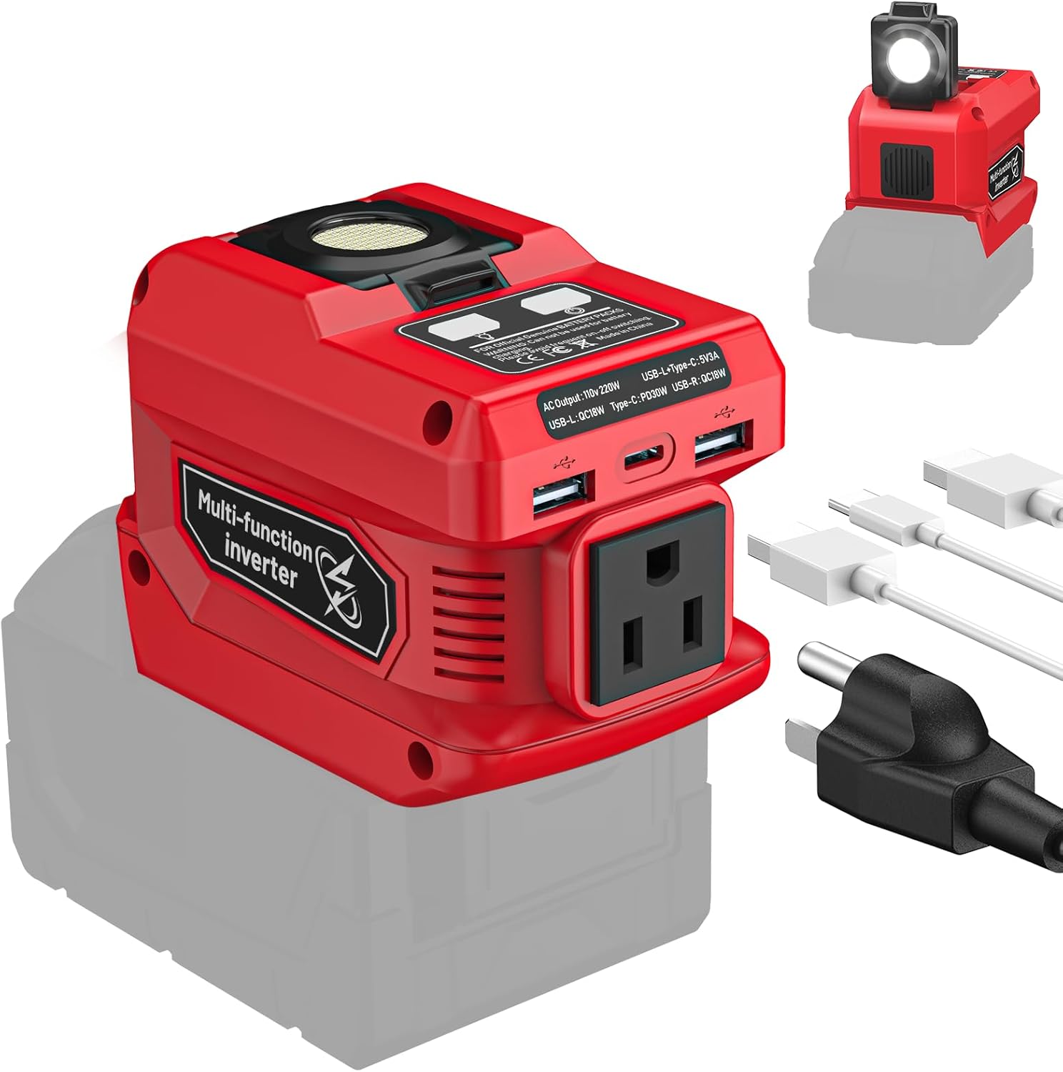 Milwaukee 18V Battery Power Inverter: 220W Portable Charger with AC Outlet & LED Work Light - Image 8