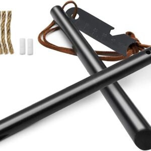 Fire Starter Survival Tool, Ferro Rod Kit with Leather Neck Lanyard and Multi-Tool Striker, Flint and Steel Survival Igniter with Tinder Rope and Tab for Camping, Hiking and Emergency