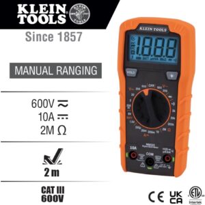 Klein Tools Digital Multimeter 600V AC/DC Voltage Tester with Battery & Continuity Test
