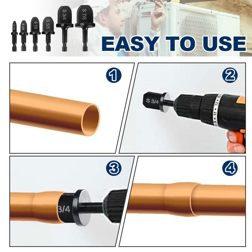 HVAC Swage Tool Set 1/4-7/8" Copper Pipe Repair Drill Bits 6pc 2 HVAC Swage Tool Set 1/4-7/8" Copper Pipe Repair Drill Bits 6pc - Image 2