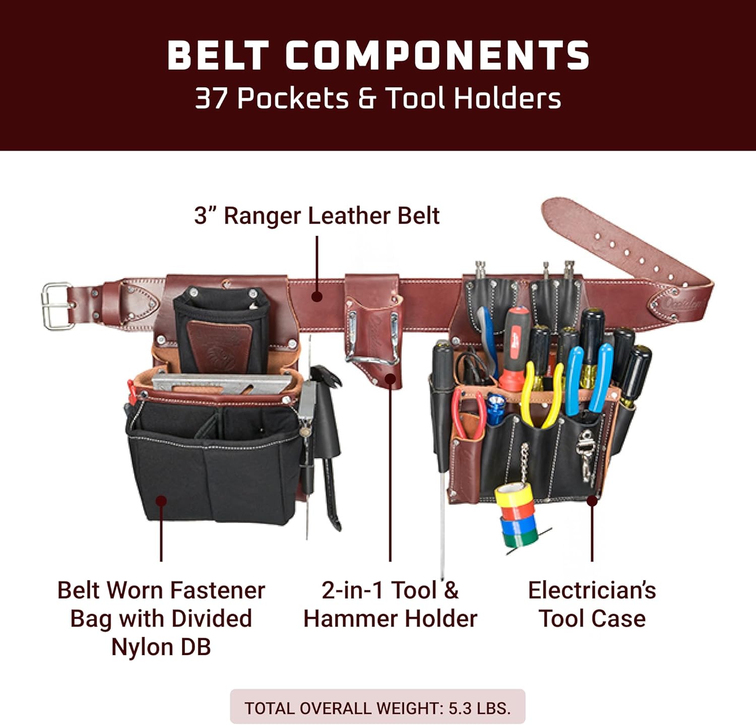 USA-Made Occidental Leather Commercial Electrician Tool Bag, Large 37-Pocket Professional Set 3 USA-Made Occidental Leather Commercial Electrician Tool Bag, Large 37-Pocket Professional Set - Image 3